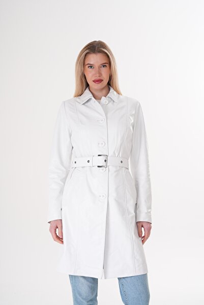 Metins Leather Kadın Fit Kemerli Beyaz Hakiki Deri Pardesü 125Barca