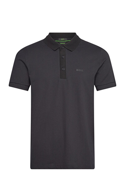 BOSS Erkek Dar Kalıp Yakası Kontrast Renk Geçişli Pamuklu Kısa Kollu Siyah Po...