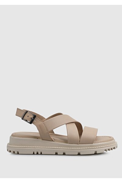 Provoq Μπεζ δερμάτινα γυναικεία φλατ σανδάλια