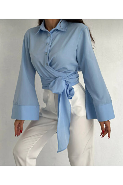 Bahar Altundemir Kadın Geniş Manşetli Ispanyol Kol Detaylı Önü Bağlamalı Popl...
