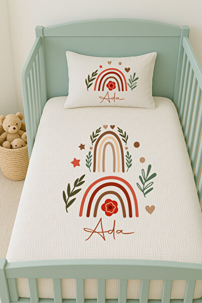 Lilabio %100 Pamuk İsme Özel İsimli 100x150 cm Pike Seti Çift Gökkuşağı