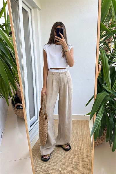 Natavanbutık Linen Beige Shorts Detailed Design Trousers