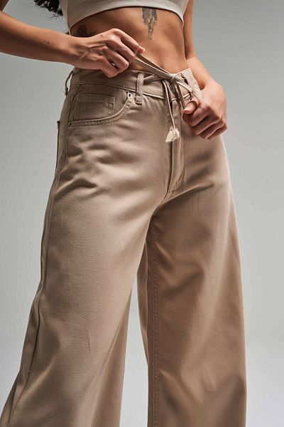 its basic Γυναικείο μπεζ χρώμα S5-29 Lace Up Palazzo Fit Loose Cut Καλοκαιρινό ύφασμα τζιν τζιν