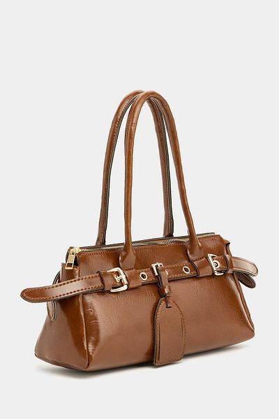 Madamra Hellbraune Damen-Hand- und Umhängetasche mit doppeltem Schnallengürtel und detailliertem Detail