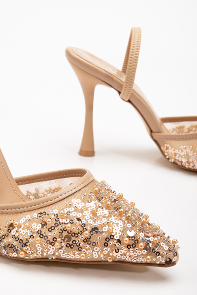 RİSSOLİ Rissoli Women's Nude Mesh Bead Detailed Daily Comfortable Evening Dress Stiletto Heeled Shoes