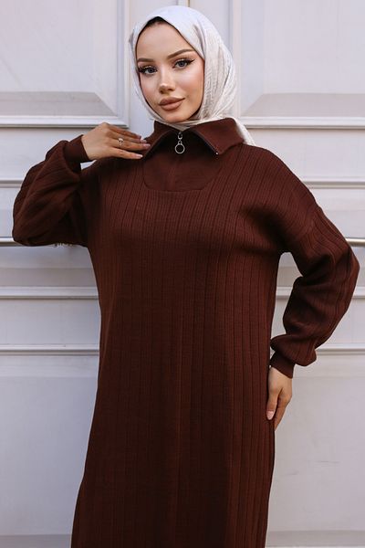 giyze Ribbed Knitwear Dress with Zippered Collar Brown 11032-11