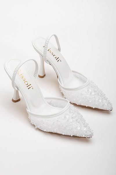 RİSSOLİ Rissoli Rochie de seară confortabilă de zi cu zi, cu mărgele din plasă albă, pantofi cu toc stiletto