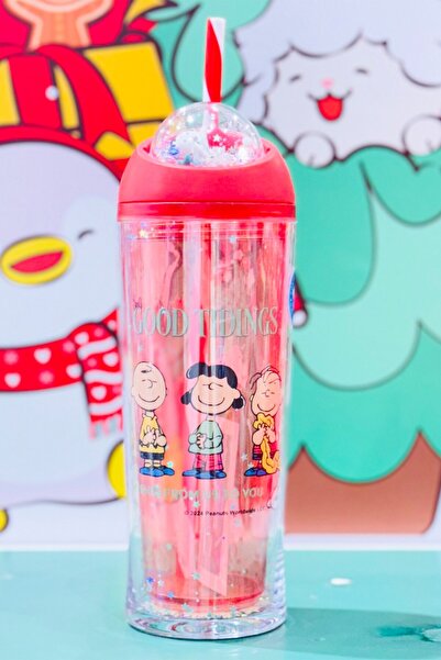 Miniso Snoopy Lisanslı Yılbaşı Koleksiyonu Pipetli ve Dönen Toplu Şişe