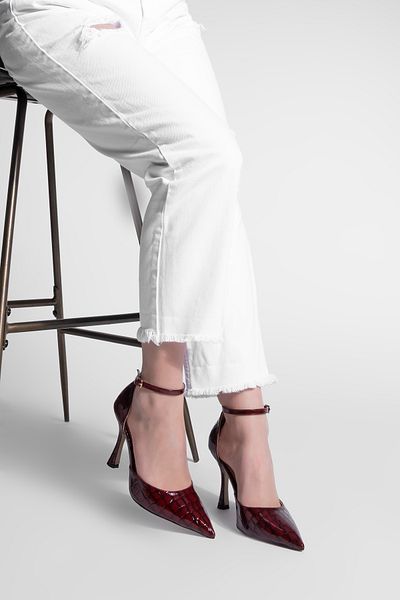 Marjin Women's Stiletto Pointed Toe Ankle Strap Croco Heeled Shoes Menlit Burgundy Croco