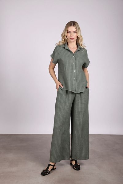 Sempre Women's Comfortable Linen Bottom-Top Set 2633 Green