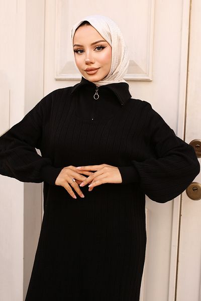 giyze Ribbed Knitwear Dress with Zipper Collar Black 11032-11