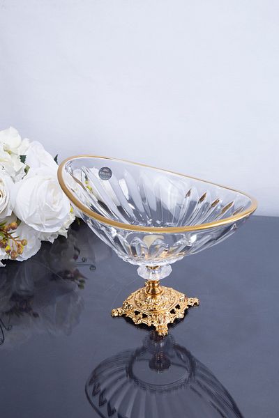 ARGKRİSTAL Gold Detailed Metal Footed Fruit Salad Case and Candy Crystal Deluxe (26X15X15 cm)