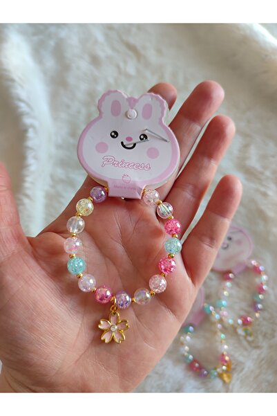 BUSHU Çiçek model, zirkon taşlı, sallantılı, elastik, renkli boncuklu çocuk bileklik