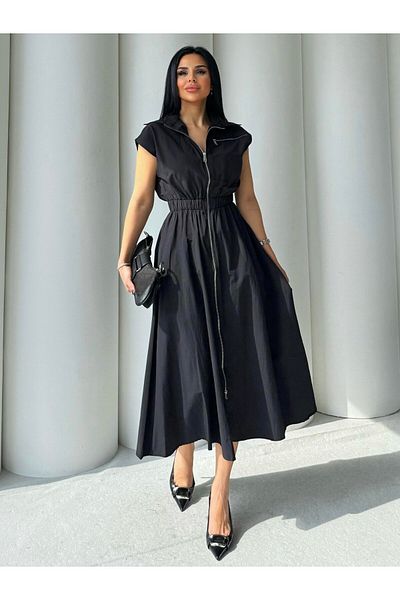 HARMONY GLOBAL Rochie midi din țesătură popelin cu fermoar, cu talie elastică, neagră, 7272