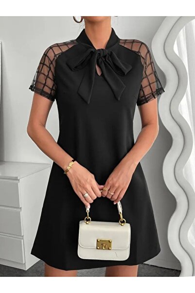 Viyamo Yeni Sezon Kadın Kısa Kollu Boyundan Bağlamalı Omuzlarda Tül Detaylı J...