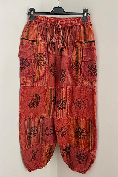 AYASOFYA OTANTIK Unisex Nepalese Burgundy Ethnic Patterned Cotton Loose Bohemian Baggy Trousers with Elastic Waist and Pockets