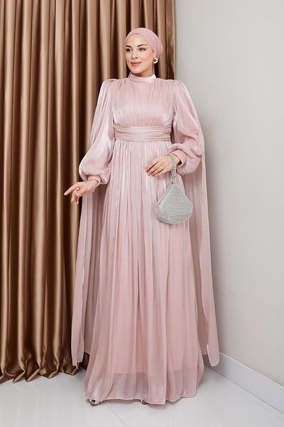 Olcay Yorgo Silk Hijab večerní šaty s páskem a detailem mysu PUDRA 1237