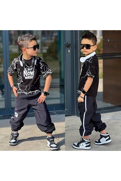 sinmm Boy's Parachute Bottom Pants Top Combed Cotton Bottom Top Suit Black Color 2 Li T-Shirt Y1