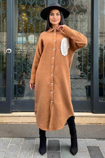 NEW LAVİVA Таба Двустранна мека текстура, апликации, рокля с двойна яка