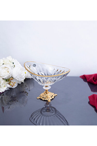 ARGKRİSTAL Gold Detailed Metal Footed Fruit Salad Case and Candy Crystal Deluxe (26X15X15 cm)