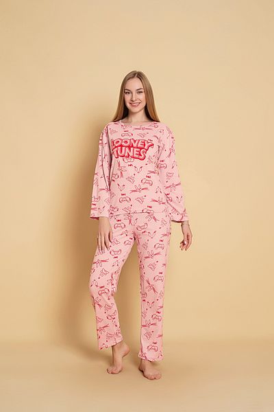 CALİA Women's Combed Cotton Crew Neck Long Sleeve Pajama Set