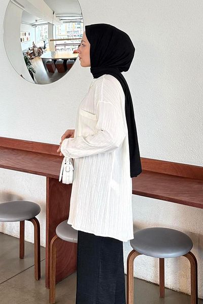 lamelif Πουκάμισο με μονό τσέπη Seersucker Hijab Λευκό