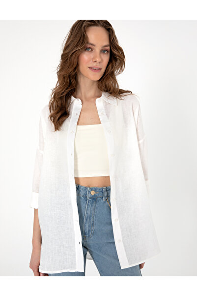 Pierre Cardin Beyaz Oversize Uzun Kollu %100 Keten Gömlek 50301078-VR013