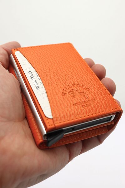willpolo Genuine Calfskin Natural Pouch Compartment Mechanism Automatic Orange Card Holder Wallet