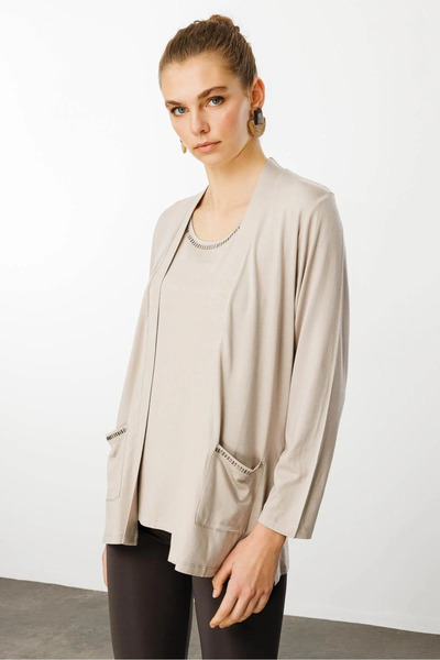 Desen Triko Women's Pockets Stone Summer Cardigan Beige
