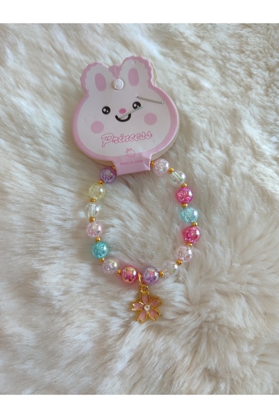 BUSHU Çiçek model, zirkon taşlı, sallantılı, elastik, renkli boncuklu çocuk bileklik