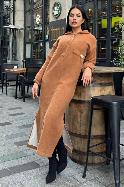 Juuuj Tan Double-Soft Stamp Long Dress with Double-Sided Hood and Slit Detail