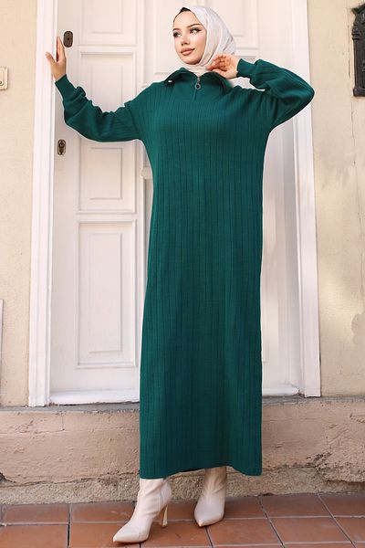 giyze Ribbed Knitwear Dress with Zipper Collar Emerald Green 11032-11