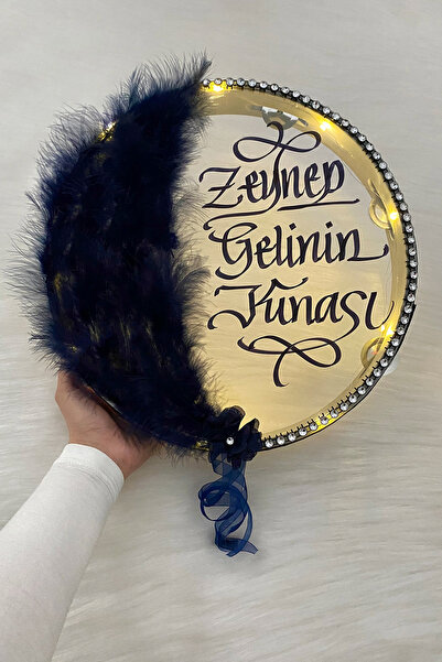 ZEYMERADE Lacivert Ledli Şeffaf Gelin Tefi 32cm Tüylü 3d Çiçek Saten Kurdele ...