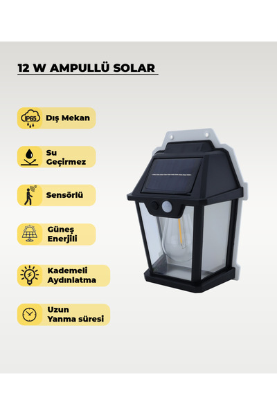 AC AYDINLATMA 12w Solar / Güneş Enerjili Led Ampullü Duvar Fener Aplik 3200k ...