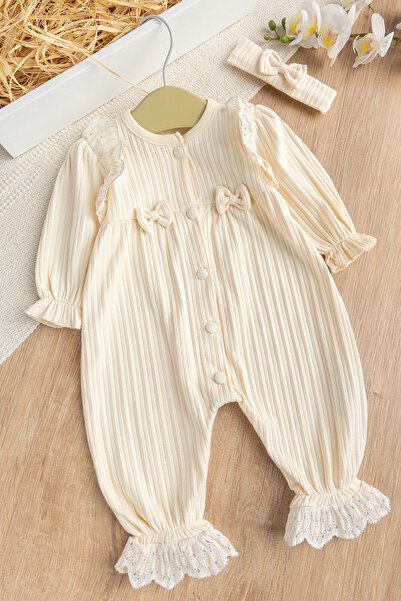 ewellce Kız Bebek %100 Pamuk Bandanalı Dantelli Tulum