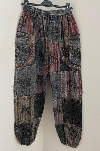 AYASOFYA OTANTIK Unisex Nepalese Black Ethnic Patterned Cotton Loose Bohemian Baggy Trousers with Elastic Waist and Pockets