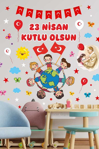 Sticker Ekspres 23 April National Sovereignty and Children's Day Ataturk Glass Door Wall Sticker Set