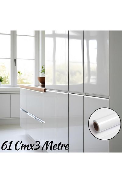 GRAFİTACK Glossy White Furniture and Cabinet Covering Foil 61 cm X 3 Meters (Lacquer, Back Gray)