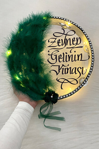 ZEYMERADE Yeşil Ledli Şeffaf Gelin Tefi 32cm Tüylü 3d Çiçek Saten Kurdele Düğ...