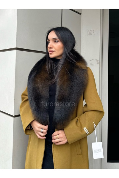 Furora Store Kaşmir Kadın Palto- Çıkarılabilir Kürklü Yaka Kaşmir Ceket- Uzun...