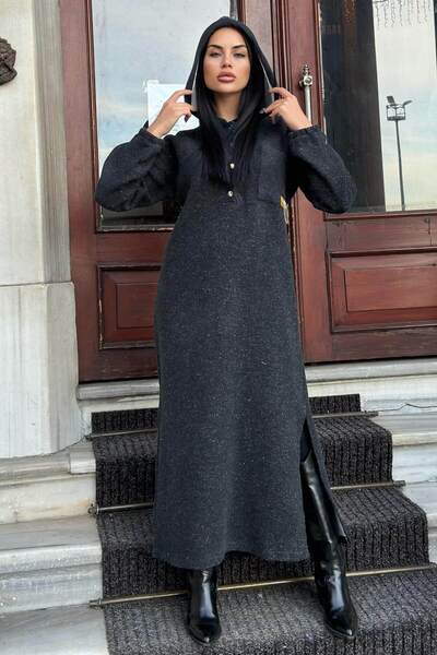 Juuuj Glugă neagră cu două fețe, detaliu despicat, rochie lungă dublu moale