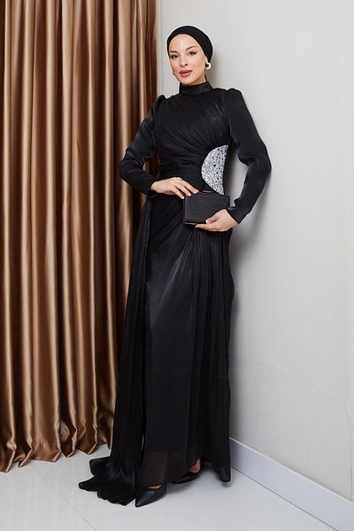 Olcay Silk Hijab Yoryo Abendkleid – Strass- und Kordelzug-Detail, SCHWARZ 1233