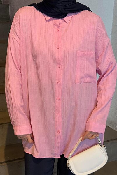 lamelif Ροζ πουκάμισο με μονή τσέπη Seersucker Hijab