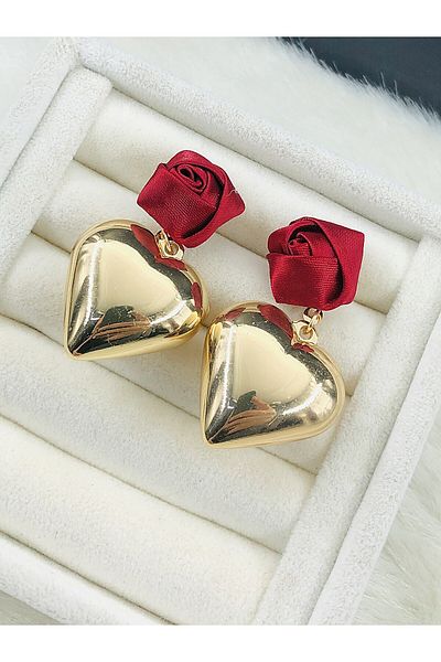 DS DİAMONDSHOP Heart and Rose Figured Earrings New Season Bykp- 202505703