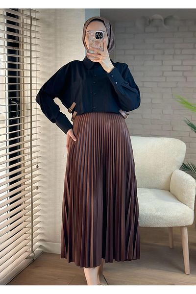 FLEX FASHION Women's Elastic Waist Plain Pleated Midi Length Skirt