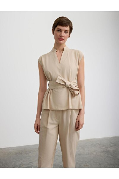 FEMİAS Stone Color Ornamental Stitching Belted Sleeveless Cotton Blouse