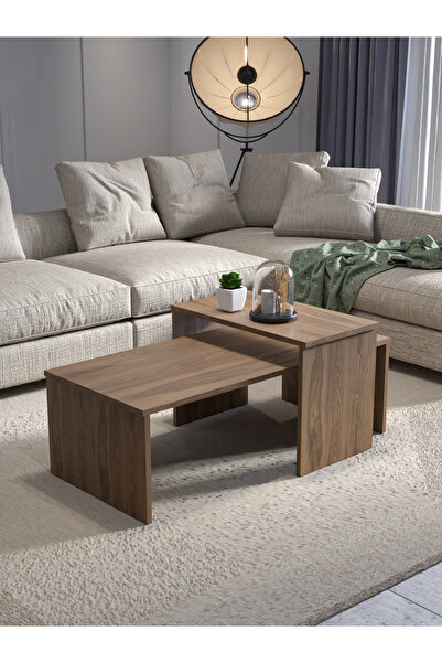 PDMPOİNT DOLAP MARKET Koton 2'Li Orta Sehpa Modern Yan Sehpa- Ahşap Desen