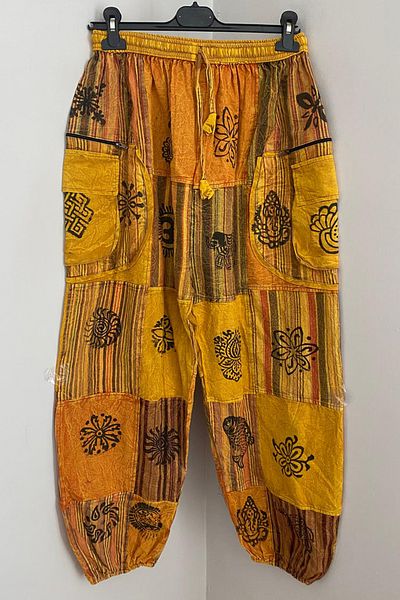 AYASOFYA OTANTIK Unisex Nepalese Yellow Ethnic Patterned Cotton Loose Bohemian Baggy Trousers with Elastic Waist and Pockets
