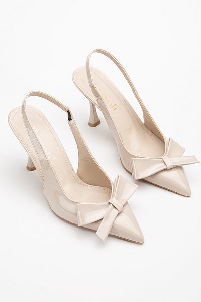 RİSSOLİ Rissoli, damă, bej, piele cremă, fundă din piele lacuită, spate deschis, rochie de seară confortabilă zilnică, pantofi cu toc stiletto
