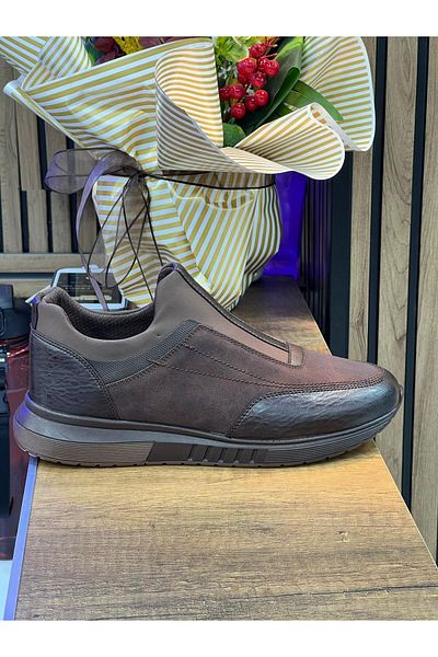 homiro Men's Laceless Elastic Leather Shoes-Brown